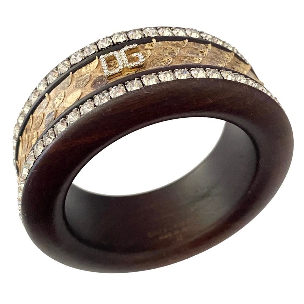 AUTH Dolce & Gabbana Wooden Python Snake Skin Crystal  DG Charm Bangle Bracelet